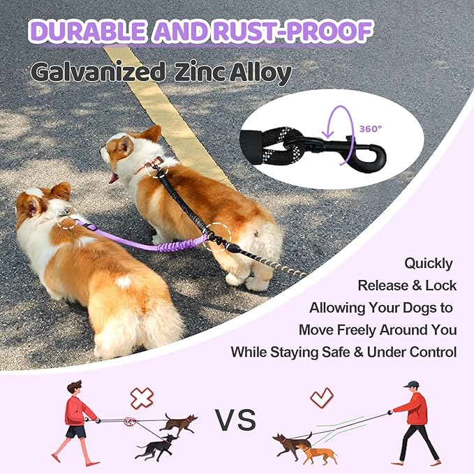 Double Dog Leash - 360°Swivel Tangle Free Splitter Attachment, 2 Dogs Multi-Functional Leashes, Dual Rope for Outdoor Walk Train Small Medium Large Two Pet, Purple