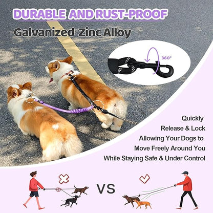 Double Dog Leash - 360°Swivel Tangle Free Splitter Attachment, 1 Rope with Handle, 2 Dogs Multi-Functional Leash, for Outdoor Walk Train Small Medium Large Two Pet, Purple