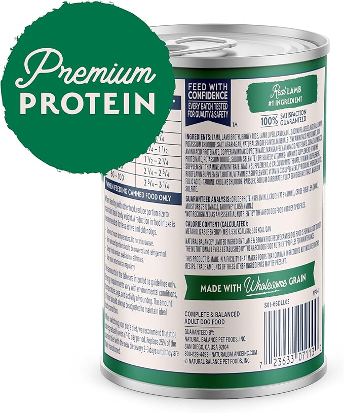Natural Balance Limited Ingredient Adult Wet Canned Dog Food with Healthy Grains, Lamb & Brown Rice Recipe, 13 Ounce (Pack of 12)