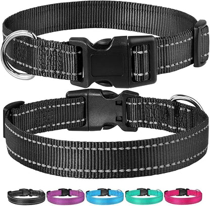 Reflective Dog Collar with Buckle Adjustable Safety Nylon Collars for Small Medium Large Dogs, Black XS