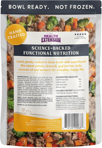 Health Extension Gently Cooked Lamb & Carrot Dog Food, Human-Grade & Shelf-Stable with Superfoods, Supports Digestion, Immunity, Skin & Coat, 9 oz Pouch (Pack of 1)
