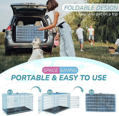 Dopinmin 48 Inch Heavy Duty Dog Crate Double Door Folding Metal Dog Cage Dog Crates for Large Dogs Outdoor Indoor Includes Divider Panel and Leak-Proof Tray,Blue