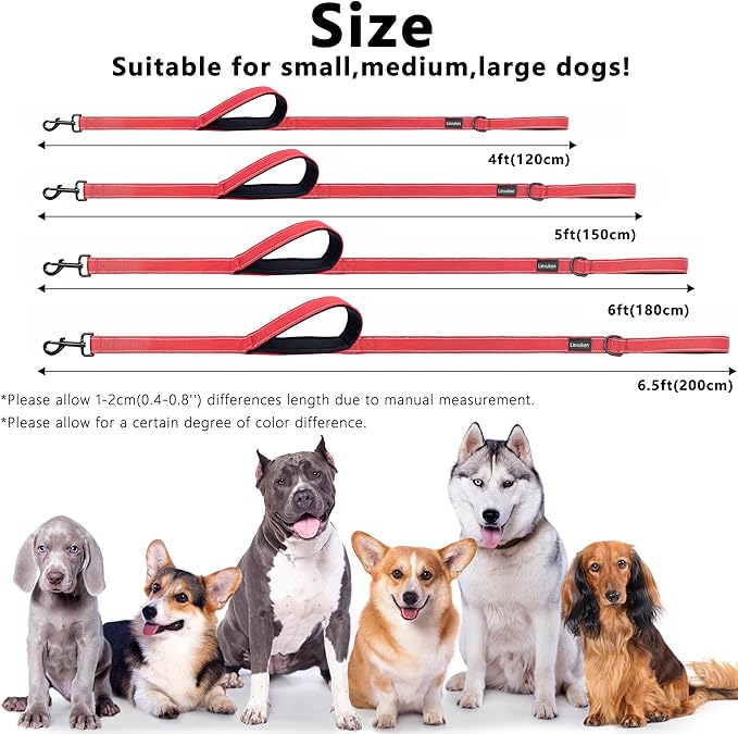 Dog Leash 5ft Long, Double Handle Dog Leash for Safety Control Training, Heavy Duty Dog Leads with Traffic Padded Handles, Reflective Leashes for Small Medium Large Dogs(5ft, Red)