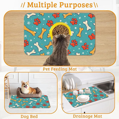 Dog Paws Cat Food Mat,Bones Absorbent Pet Feeding Mat for Food and Water Bowl,Quick Dry Dog Placemat Non Slip Rubber Backing Waterproof Pet Supplies 12" x 20"