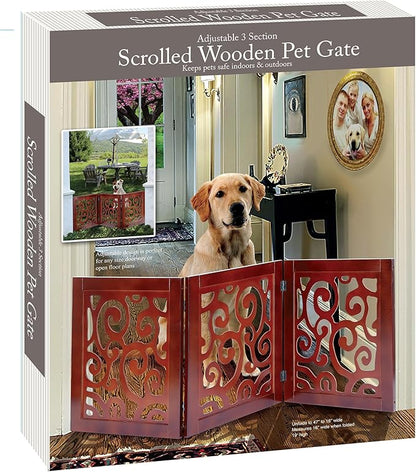 3-Section Adjustable and Scrolled Wooden Pet Gate by Etna