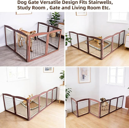 ZJSF Freestanding Foldable Dog Gate for House Extra Wide Wooden Brown Puppy Gate Stairs Dog Gates Doorways Tall Pet Gate 32 "Height 6 Panels Pet Fence