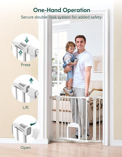 Babelio Baby Gate with Cat Door, CatPrivilege Ⅲ, Extra Wide 29-55" Cat Gate, 30" Tall Pressure Mounted Safety Gate for Large Openings, Stairs & Doorways, Auto Close, White