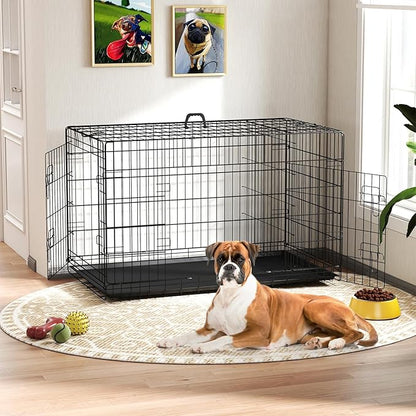 FDW Dog Crate 42-Inch Dog Cage Single Door Foldable Metal Kennel with Leakproof Tray Foldable Design Indoor Outdoor Use for Large Dogs,Dark Black