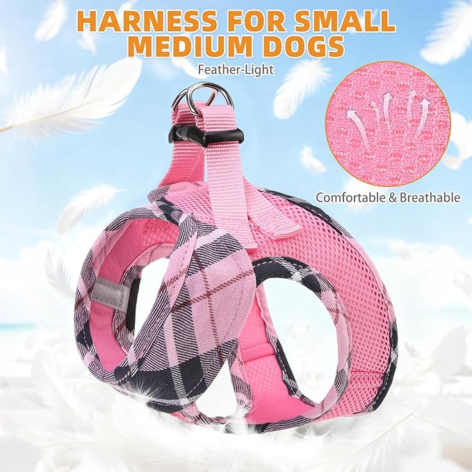 KOOLTAIL Small Dog Harness and Leash Set, Cute Pink Girl Puppy Harness, Step in No Pull Soft Mesh Pet Vest Harness Collar for Small Size Dogs Cats, Plaid Dog Halters for Outdoor Walking, Pink S