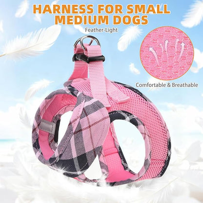 KOOLTAIL Small Dog Harness and Leash Set, Cute Pink Girl Puppy Harness, Step in No Pull Soft Mesh Pet Vest Harness Collar for Small Size Dogs Cats, Plaid Dog Halters for Outdoor Walking, Pink S