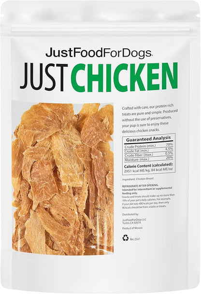 JustFoodForDogs Single Ingredient Healthy Dog Treats and Dog Snacks, Jerky Treats, Human Grade, Preservative and Grain Free, Rawhide Free Chews, Low Calorie Treat - Chicken Breast, 18 oz