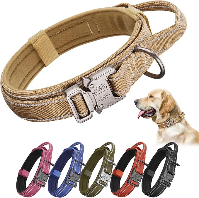 KCUCOP Tactical Dog Collar for Medium & Large Dogs - Military Nylon Heavy Duty Collar with Handle, Reflective Strip & Metal Buckle for Training, Outdoor (Brown Reflective, Large)