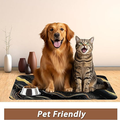Marble Pet Feeding Mat,Black Gold Flowing Marble Absorbent Quick-Dry Cat Dog Food and Water Bowl Mats,Non-Slip Rubber Backing Mat,Cat Dog Accessories Supplies 16"x24"