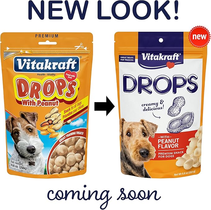 Vitakraft Drops Dog Treats - Peanut Flavor – Grain-Free Training Treats - Real Yogurt & Whey, Added Vitamins A, D3, E, B12, Riboflavin & Niacin – For All Dog Sizes & Ages – Resealable 8.8 oz Bag