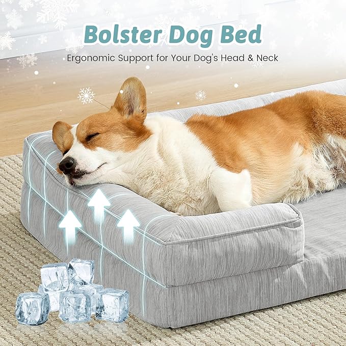 Cooling Dog Bed for Medium Small Size Dogs, Q-Max >0.4 Summer Cool Pet Bed, Orthopedic Foam Dog Sofa with Sides, Bolster Anti-Slip Couch with Washable Removable Cover, M 30x20x6 inch, Grey