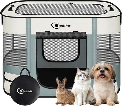 Dog Playpen,Cat Pet Puppy Pen,Portable Playpens for Dogs Indoor Outdoor Travel Camping Use,Foldable Dog Kennel Tent Crate for Rabbit Small Animals with Carrying Case (Grey, Small)