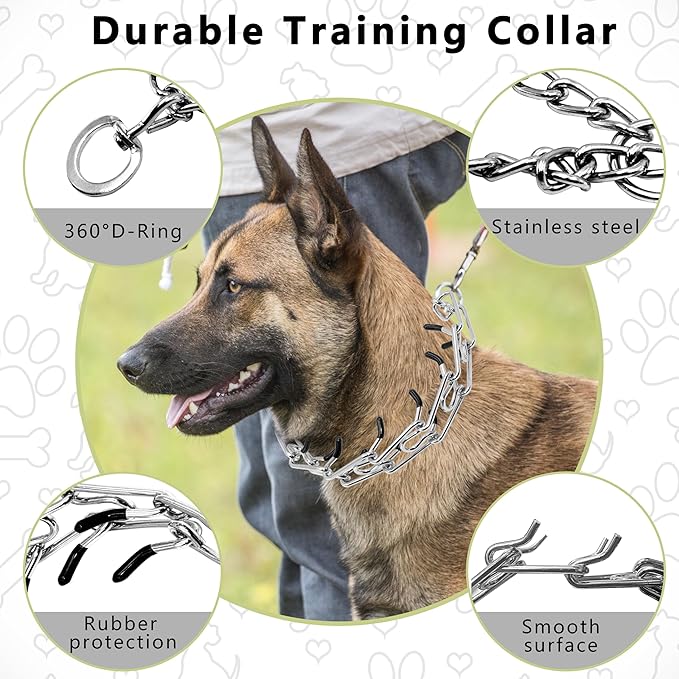 Adjustable Dog Collar, Pinch Collar for Dogs,Dog Training Collar for Small Medium Large Dogs,Metal Prong Collar with Comfort Rubber Tips (X Large, 4mm, 23.6-Inch)