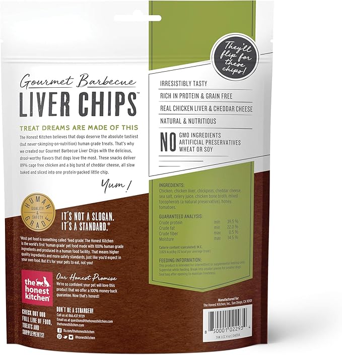 The Honest Kitchen Human Grade Dog Treats Gourmet Barbecue Liver Chips: Chicken Liver & Cheddar Recipe, 4 oz Bag