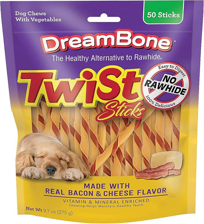 Dreambone Twist Sticks with Real Bacon and Cheese Flavor 50 Count, Rawhide-Free Chews for Dogs (3 Pack)