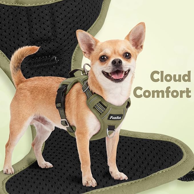 Funfox Dog Harness No Pull, Adjustable Pet Vest Harness, Super Soft Material with Vertical Handle Easy Control, Reflective Night Walking, 2 Leash Clips for Small Sized Dogs, Army Green, S