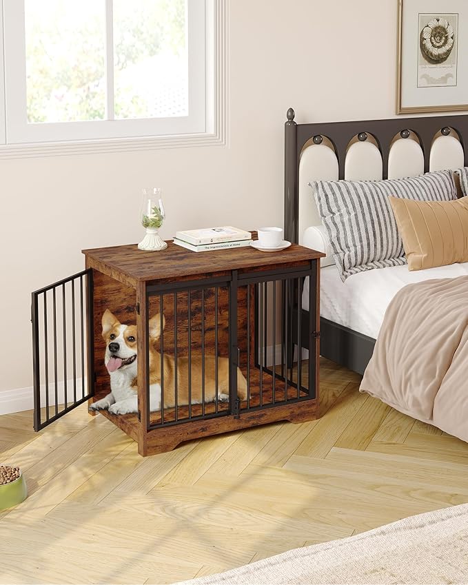 Hzuaneri 31.9" Dog Crate Furniture with Barn Door, Heavy Duty Dog Kennel Indoor with 2 Doors, Wooden Pet Cage End Table for Small Medium Dogs up to 44 lb, Anti-Chew Anti-Escape, Rustic Brown DFC83601B