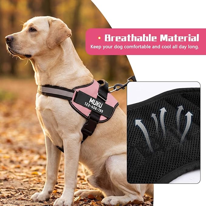 MUMUPET Custom Dog Harness Vest with 2 Personalized Name & Phone Patches, No Pull Reflective Adjustable with Handle, Soft Breathable Padding for Medium Dogs (Pink, M)