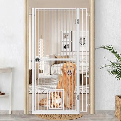 Extra Tall Cat Gate for Doorway, Adjustable Wide Dog Door with Cat Door, 1.37" Gap for Pet Gates, Suitable for Doorways or Kitchen, No Drilling Pressure Mount Kit (White, 34.3"-36.7"/87.3cm-93.3cm)