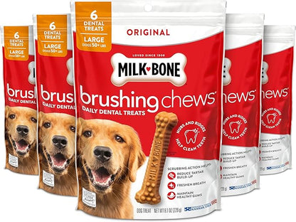 Milk-Bone Brushing Chews Original Chicken Flavor Daily Dental Dog Treats, Large, 8.1 Oz. Bag (Pack of 5)