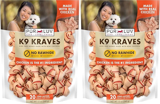 Pur Luv K9 Kraves Rawhide Free Bone Dog Treats, Chicken Flavor, Made with Real Chicken and Limited Ingredients, Healthy, Easily Digestible, Long Lasting, and High Protein Dog Treat, 20 Count