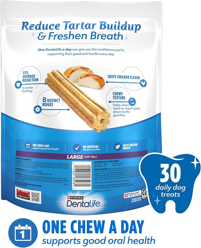 DentaLife Daily Oral Care Dog Treats for Large Dogs, Chewy Dental Treat to Freshen Breath and Fight Tartar, Chicken Flavor - 30 ct. Pouch