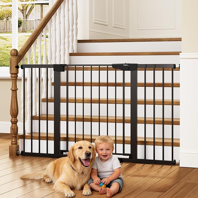Cumbor 2-Pack Baby & Dog Gates Bundle, 29.7-48" & 30-54" Extra Wide Safety Gates for Stairs Doorways Hallways, Dual Lock Auto Close Easy Install Pet Gate, Black