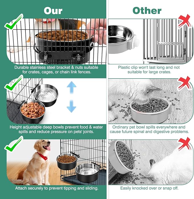 Dog Crate Water Bowl No Spill, 2 Pack Dog Crate Bowls Hanging, Kennel Water Food Bowls Mountable, Pet Cage Accessories Feeder Dish, Stainless Steel Coop Cup for Cat Puppy Bunny Guinea Pig Ferret Bird