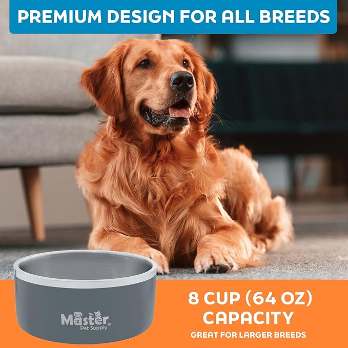 Master Pet Supply Stainless Steel Dog Bowls - 64 oz, Heavy Duty - Graphite, Double Wall Extra-Thick Insulated, Non-Slip Pet Water Bowl for Dogs, Cats & Pets, Anti Rust Metal, Dish Washer Safe