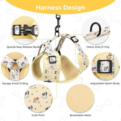 Dog Harness and Leash Collar Set with Dog Poop Bag Holder and Bandanas, Escape Proof Adjustable Puppy Cat Vest with Soft Mesh Padded, Pet Supplies for Small Medium Large Dogs Kitten(Yellow Puppy, S)
