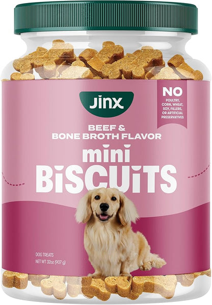 Jinx Oven-Baked Beef Bone Broth Mini Biscuit Dog Treats - Crunchy, All Natural, Superfood-Rich with Grass-Fed Beef, Dog Biscuits for Puppies, Adults & Seniors - 32oz