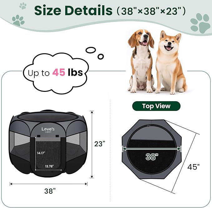 Love's cabin Pet Puppy Dog Playpen, Large Dog Tent Crates Cage Indoor/Outdoor, Portable Playpen for Cat, Foldable Pop Up Dog Kennel Playpen with Carring Case, Removable Zipper Top, Dark Grey