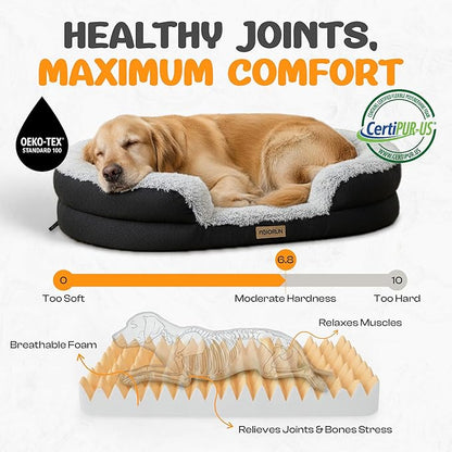 Fluffy Orthopedic Jumbo Dog Bed for Extra Large Dogs, Calming Plush Sofa Bed with Curved Bolster Support, 48" Cozy Oval Pet Donut Bed with Washable Cover, Gray