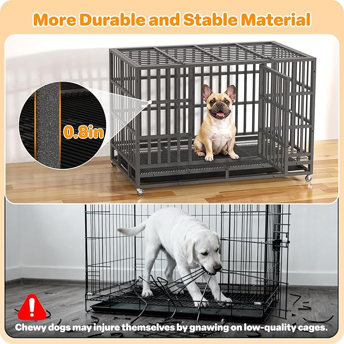 Hiwokk 38 Inch Heavy Duty Dog Crate, Indestructible Escape-Proof Dog Kennel for High Anxiety Large Dogs, Strong Metal Pet Cage with Double Doors, Lockable Wheels & Removable Tray, XL XXL XXXL