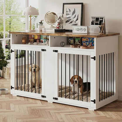 55'' Dog Crate Furniture for 2 Dogs, Wooden Dog Cage with Storage Compartment, Indoor Dog Kennel with 2 Doors for Large/Medium Dogs, White