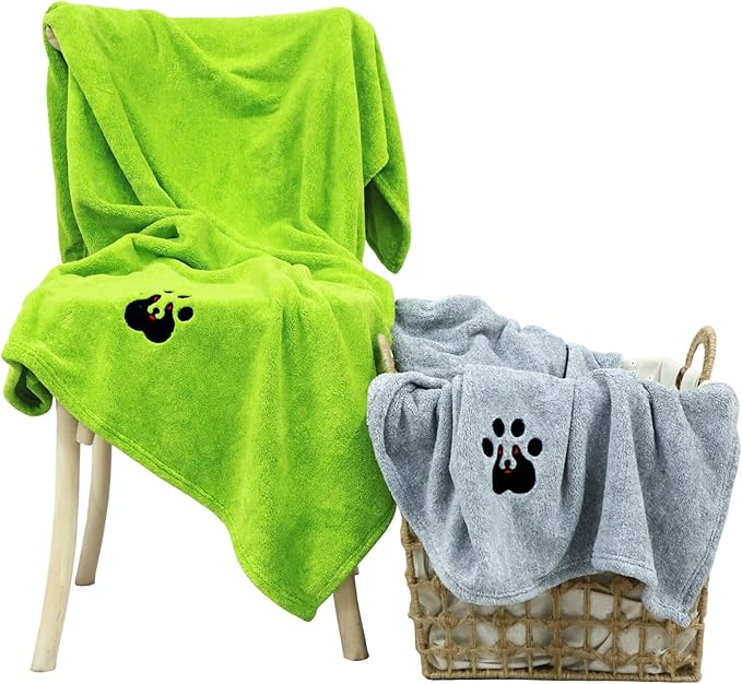 Dogvingpk Extra Large Dog Towel - Pack of 2 - Super Absorbent Soft Microfiber Pet Bath Grooming Towels for Drying Dogs and Other Pets (XL-55" * 36", Green and Gery)