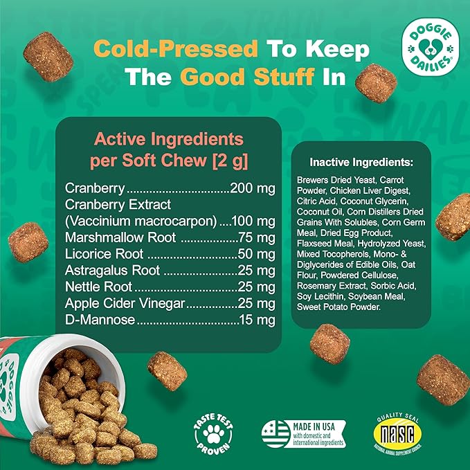 Doggie Dailies Cranberry Supplement for Dogs - Urinary Tract, Bladder & Kidney Support - Cranberry with Marshmallow Root, Licorice Root & Apple Cider Vinegar (Chicken) 225 Soft Chews