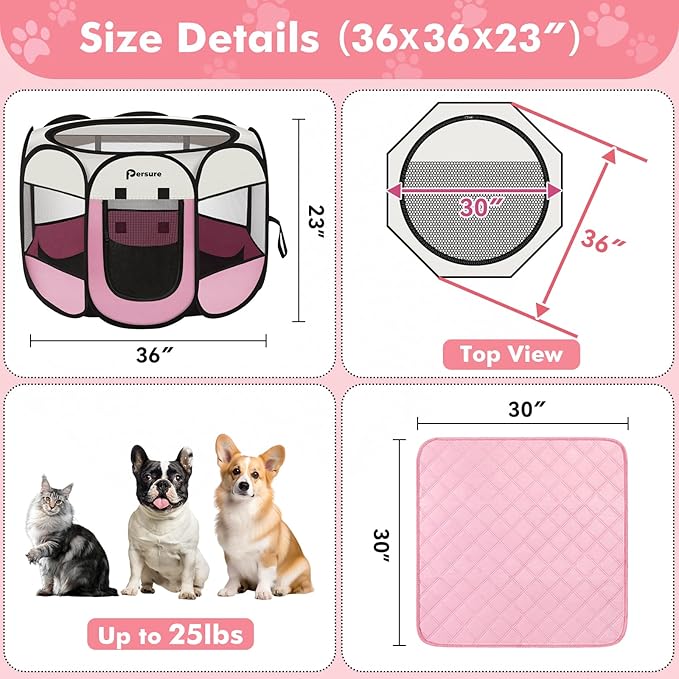 Dog Cat Playpen Indoor Outdoor for Puppy Pet Dogs Cat Recovery After Surgery, Dog Tent Crates Cage Indoor/Outdoor, Portable Pop Up Kennel with Carrying Case for Travel (Pink with Pad, Medium)