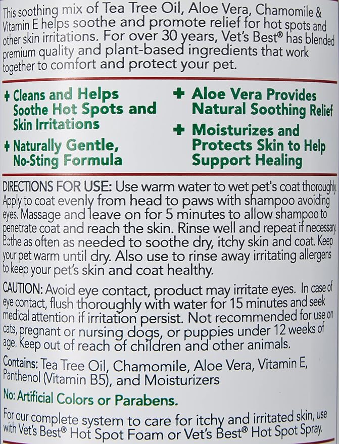 Vet's Best Hot Spot Dog Shampoo, Natural Itch Relief for Dogs with Dry Skin, Rash, Scratching, Licking, Sensitive Skin, Aloe & Chamomile Formula, Veterinarian Formulated, Made in USA, 16 oz