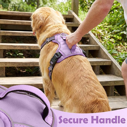 Funfox Dog Harness No Pull, Adjustable Pet Vest Harness, Super Soft Material with Vertical Handle Easy Control, Reflective Night Walking, 2 Leash Clips for Medium Sized Dogs, Purple, M