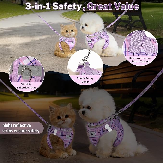 Gyuzh Dog Harness and Leash Set, 3-in-1 Step in No Pull Harness Vest Collar for Small Dogs & Cats, Lightweight Breathable Mesh Reflective Plaid with Padded Handle (Purple, L)
