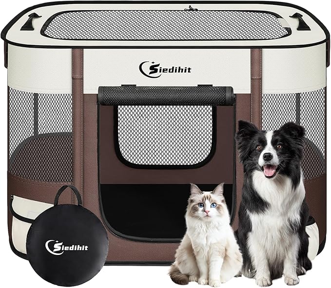 Dog Playpen,Cat Pet Puppy Pen,Portable Playpens for Dogs Indoor Outdoor Travel Camping Use,Foldable Dog Kennel Tent Crate for Rabbit Small Animals with Carrying Case (Brown, Medium)