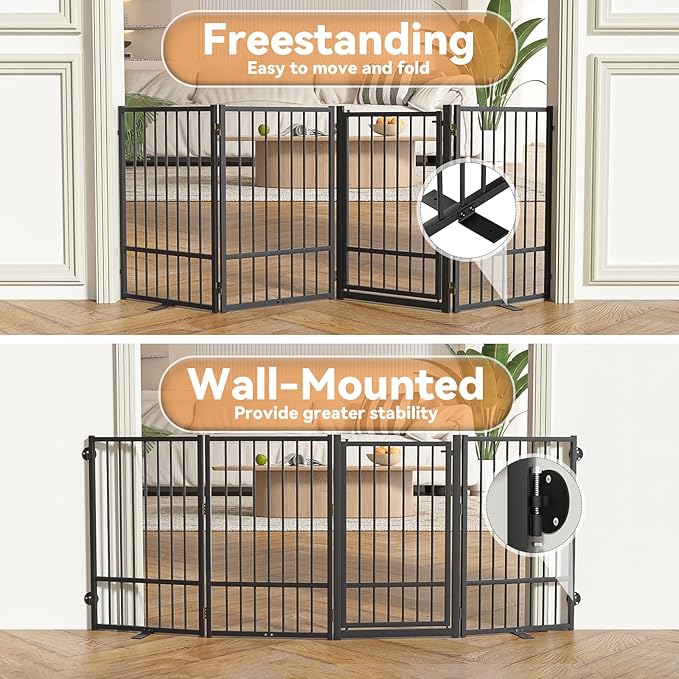 SNUOWU Full Metal Freestanding Dog Gate with Door, 32''Height Foldable Pet Dog Fence for Indoor & Outdoor, 4 Panels Extra Wide Free Standing TallDog Gates for Doorways,House,Stairs,Porch,Deck,Yard