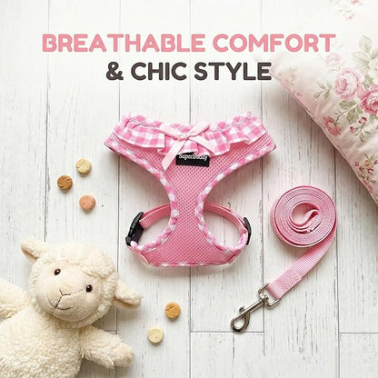SuperBuddy Upgraded Soft Mesh Dog Harness, Super Breathable Lightweight Pet Harnesses for Puppy Dogs Outdoor Walking, Pink Dog Harness and Dog Leash Set Packing -Medium