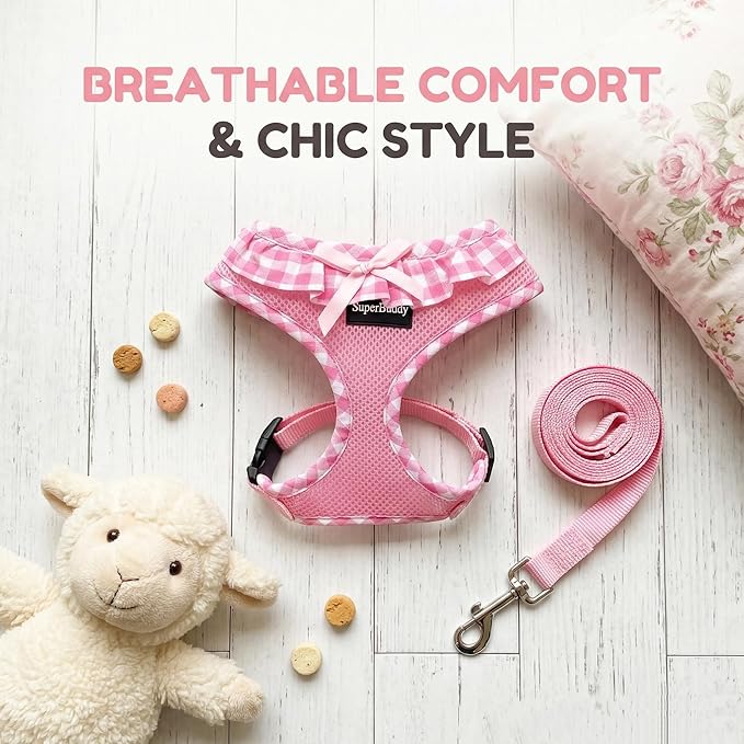 SuperBuddy Upgraded Soft Mesh Dog Harness, Super Breathable Lightweight Pet Harnesses for Puppy Dogs Outdoor Walking, Pink Dog Harness and Dog Leash Set Packing -XSmall