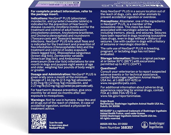 NexGard Plus (afoxolaner, moxidectin, and pyrantel) Flea and Tick Protection & Heartworm Preventive for Dogs Soft Beef Flavored Chewables, 33.1-66 lbs. (Purple) 6 Chews (6 Month Supply)